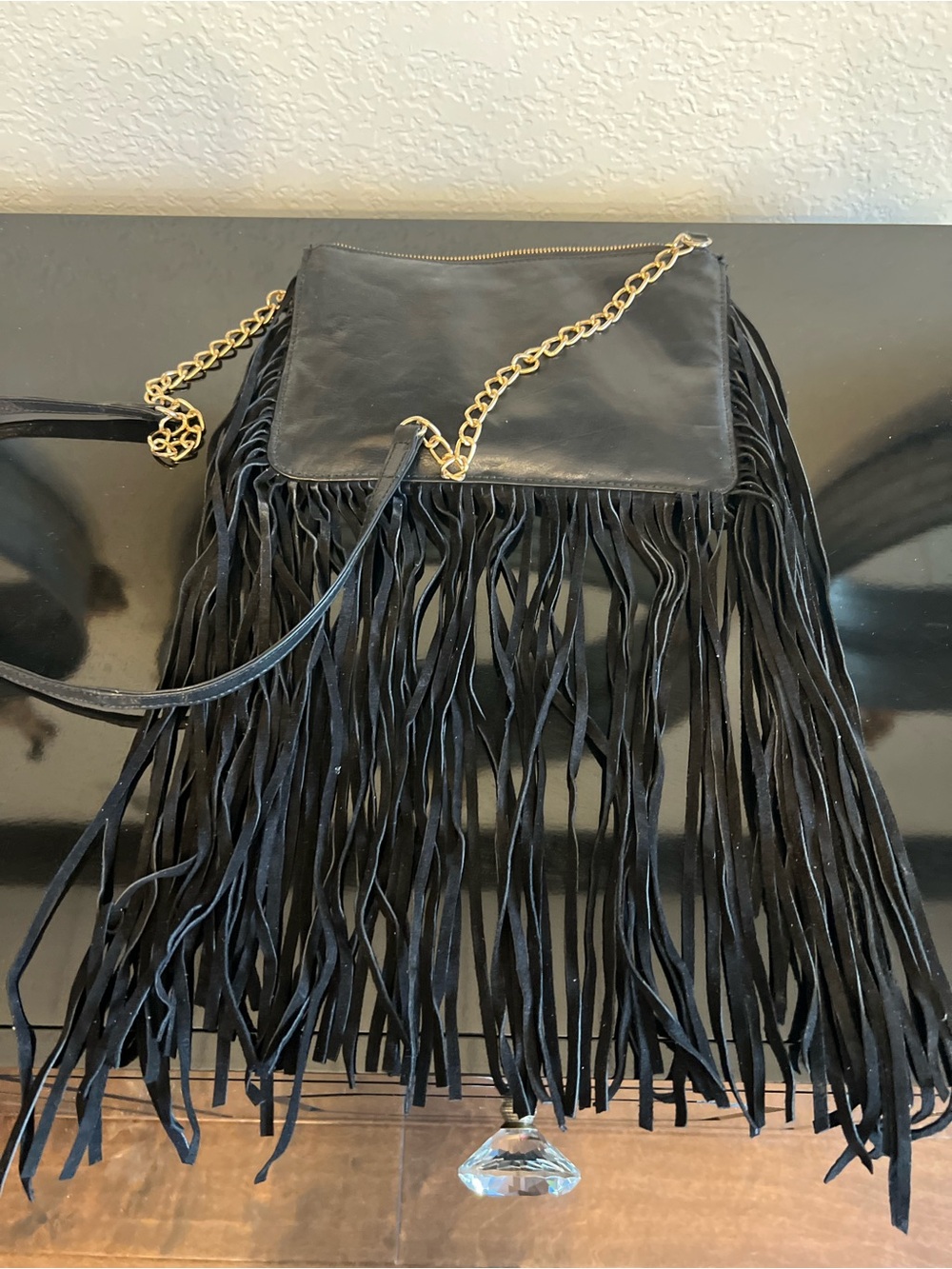 Black Fringe Crossbody Bag with Gold Chain made by Urban Code London - Picture 1 of 2